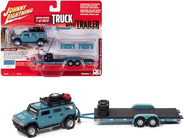 2004 Hummer H2 Ocean Blue with Open Trailer Limited Edition to 6012 pieces Worldwide "Truck and Trailer" Series 1/64 - Imagen 2