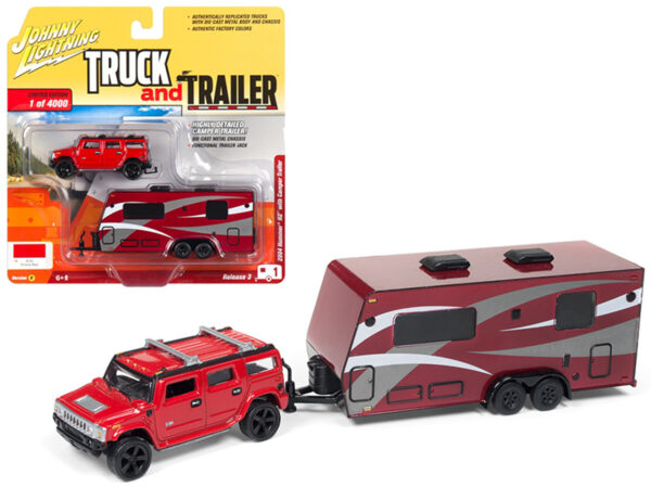 1/64 Johnny Lightning 2004 Hummer H2 Red with Dark Red Camper Trailer Limited Edition to 4000 pieces Worldwide "Truck and Trailer" Series 3 - Imagen 2