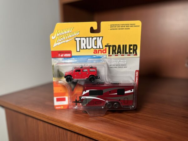 1/64 Johnny Lightning 2004 Hummer H2 Red with Dark Red Camper Trailer Limited Edition to 4000 pieces Worldwide "Truck and Trailer" Series 3