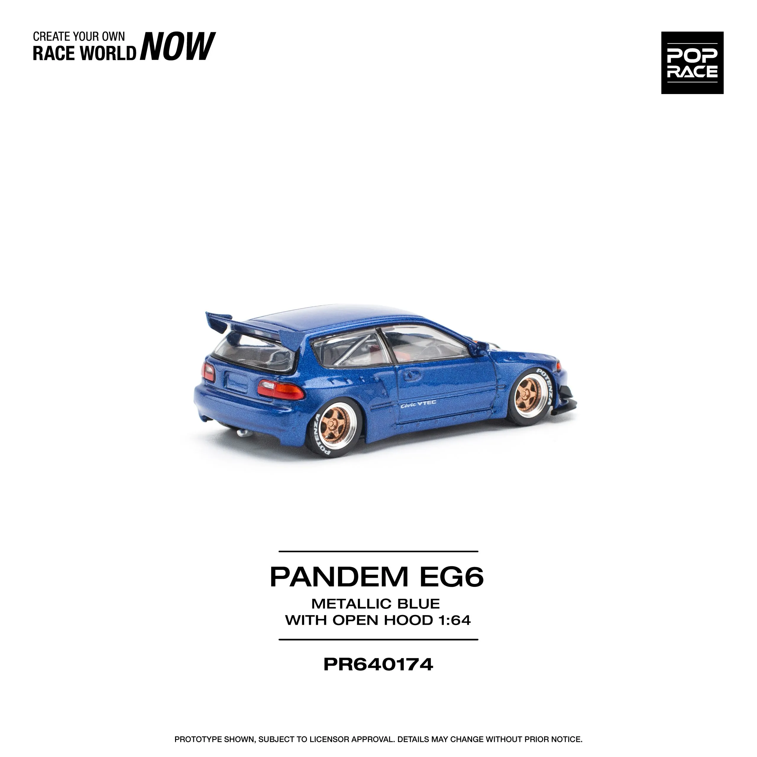 POPRACE 1/64 PANDEM CIVIC EG6 METALLIC BLUE CON CAPÓ ABIERTO - Imagen 4