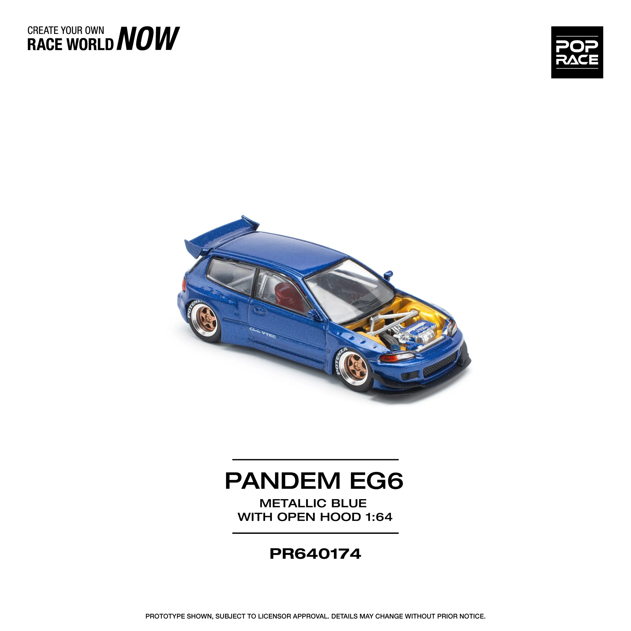 POPRACE 1/64 PANDEM CIVIC EG6 METALLIC BLUE CON CAPÓ ABIERTO - Imagen 2