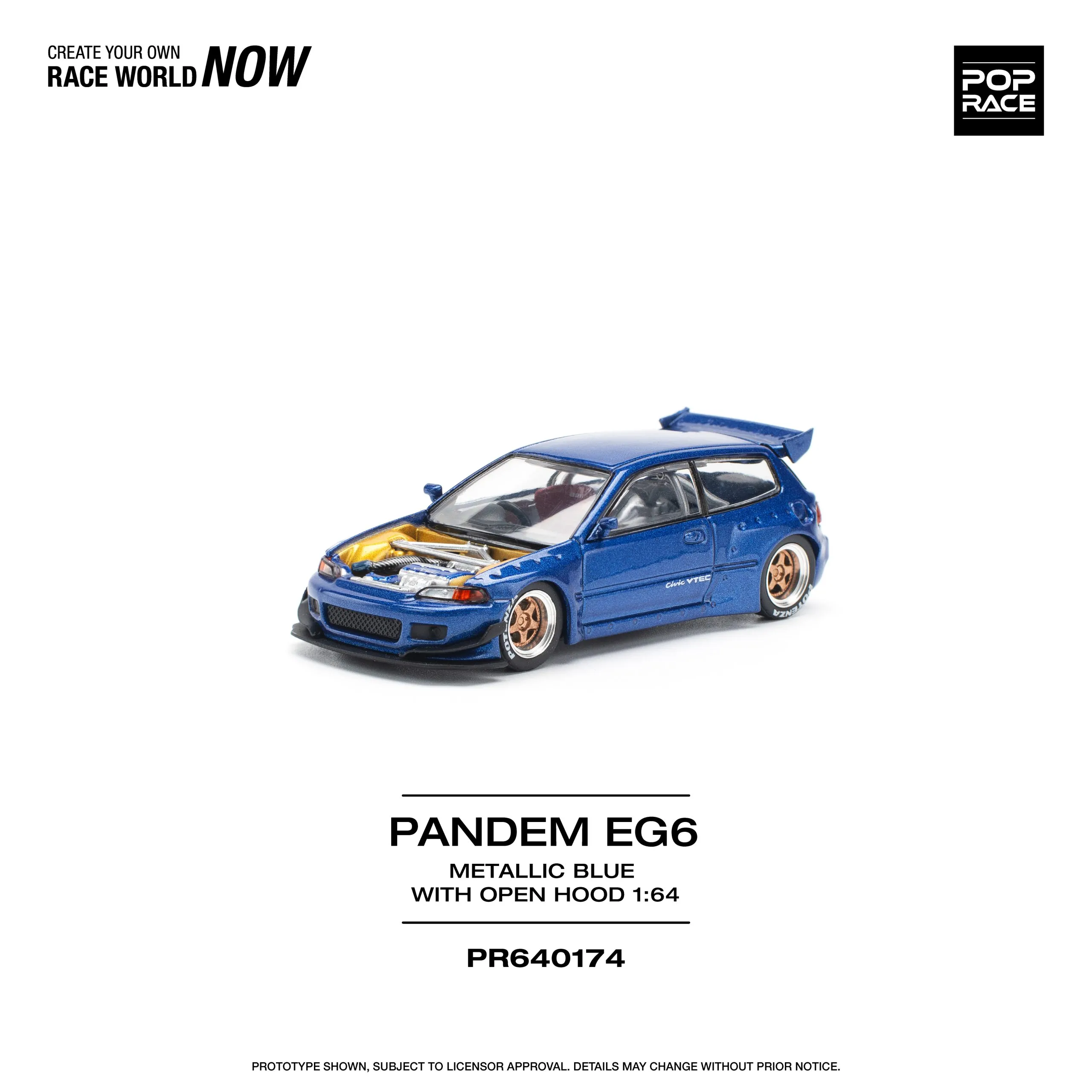 POPRACE 1/64 PANDEM CIVIC EG6 METALLIC BLUE CON CAPÓ ABIERTO - Imagen 3