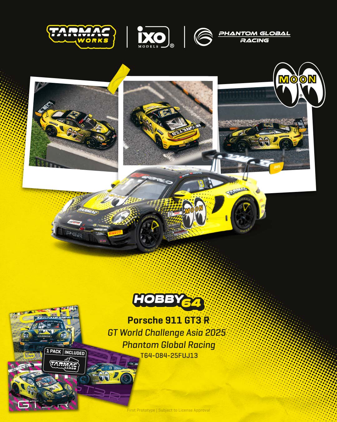 *PREORDEN* Tarmac 1/64 Porsche 911 GT3 R GT World Challenge Asia 2025 Phantom Global Racing Sun Jingzu / Adderly Fong Model Car + Trading Cards Combo Set