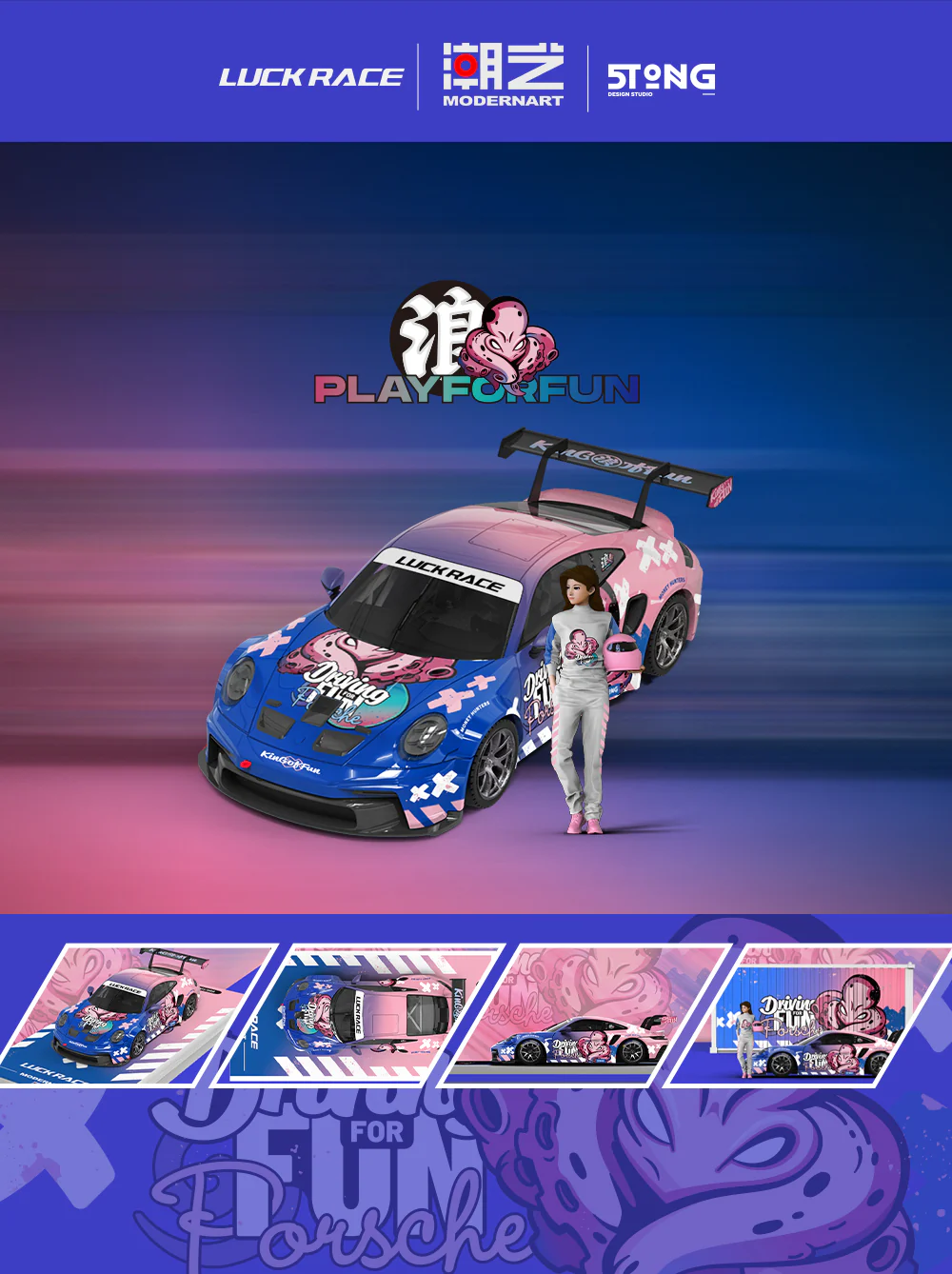ModernArt 1:64 Porsche 911 GT3 Cup "PlayForFun" con contenedor y figura - Imagen 2