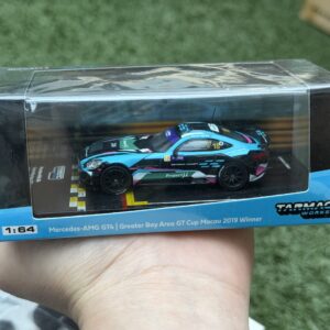 Tarmac Works 1:64 Hobby64 - Mercedes-AMG GT4 - Greater Bay Area GT Cup Macau 2019 Winner - Kevin Tse #18 (Black/Blue) Diecast Car Model (Limited to 1248 pieces)