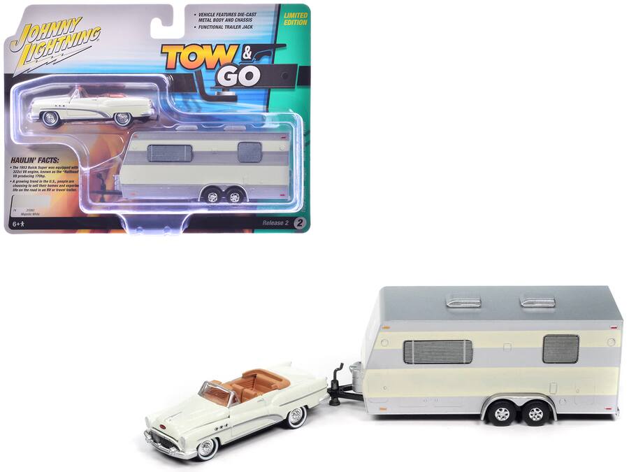 Johnny Lightning 1:64 1953 Buick Super Cream with Travel Trailer Limited Edition "Tow & Go"
