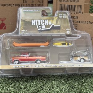 Greenlight 1:64 1978 Ford F-150 Ranger Explorer – Maroon with Orange Explorer Stripes with Canoe Trailer